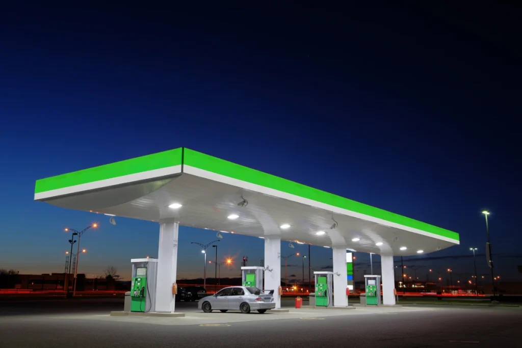 a modern green colored gas station built by a gas station construction company in roseville california