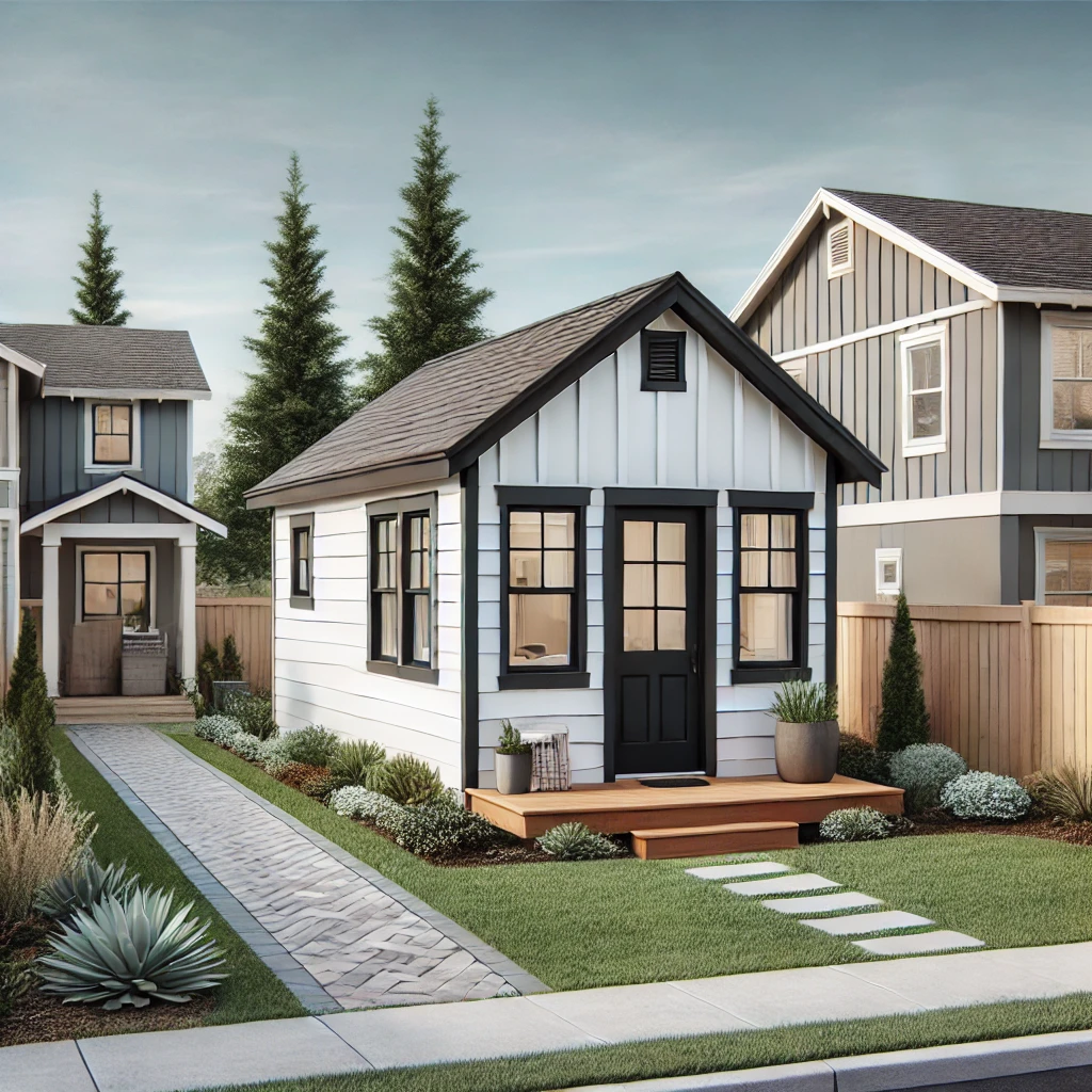 Modern farmhouse-style backyard ADU in Roseville, California with white siding, black trim, and drought-tolerant landscaping.