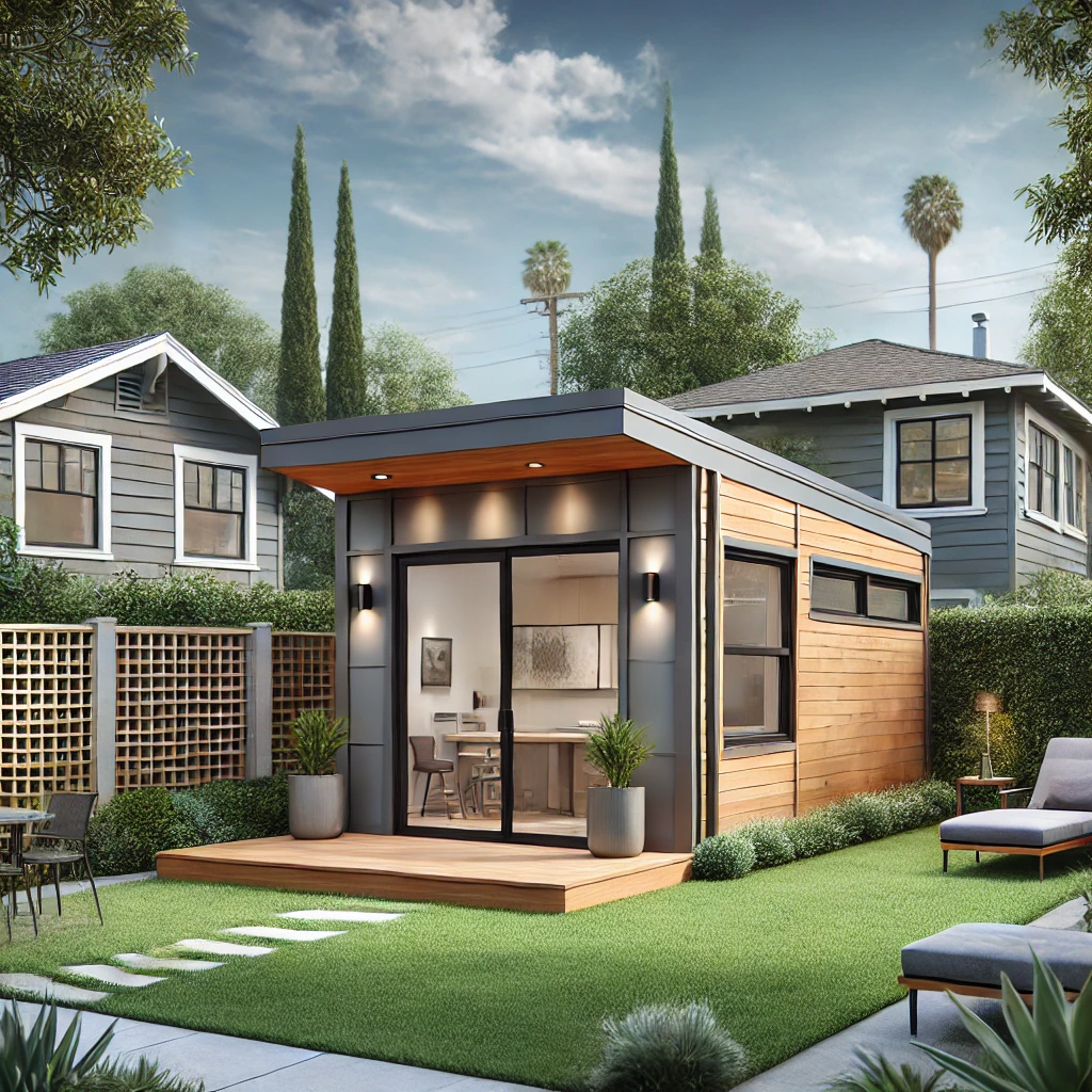 Modern backyard ADU with floor-to-ceiling windows and a patio in a landscaped California suburban setting.