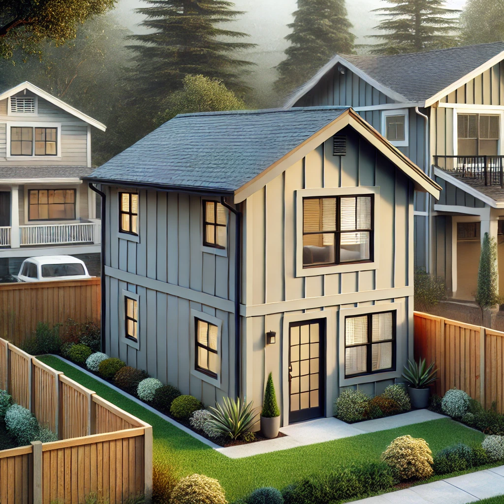 1,200 sq. ft. ADU with two bedrooms and one bathroom located behind a main house in a landscaped Placer County backyard.